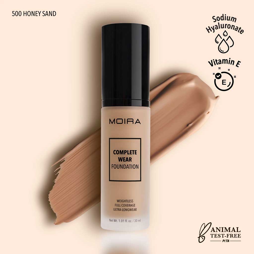 Base de maquillaje con cobertura alta, de larga duración, colección Complete Wear Foundation, marca MOIRA