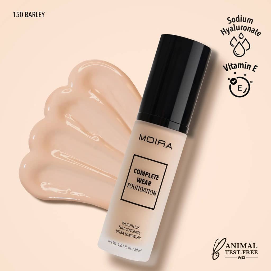 Base de maquillaje con cobertura alta, de larga duración, colección Complete Wear Foundation, marca MOIRA