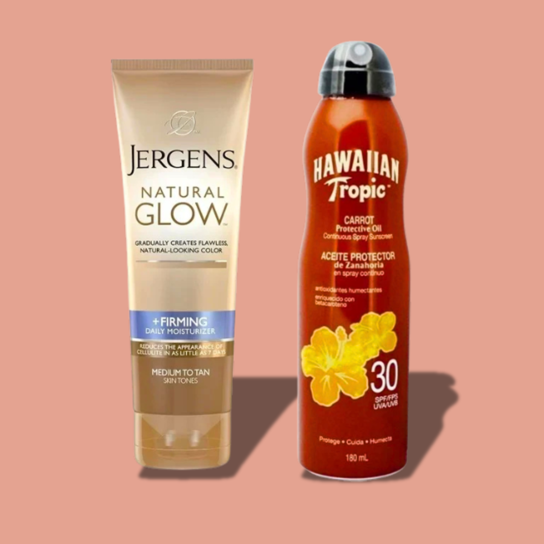 COMBO Crema bronceadora Jergens y Protector Solar Hawaiian Tropic Aceite Zanahoria en Spray Fps 30 - 180 ml