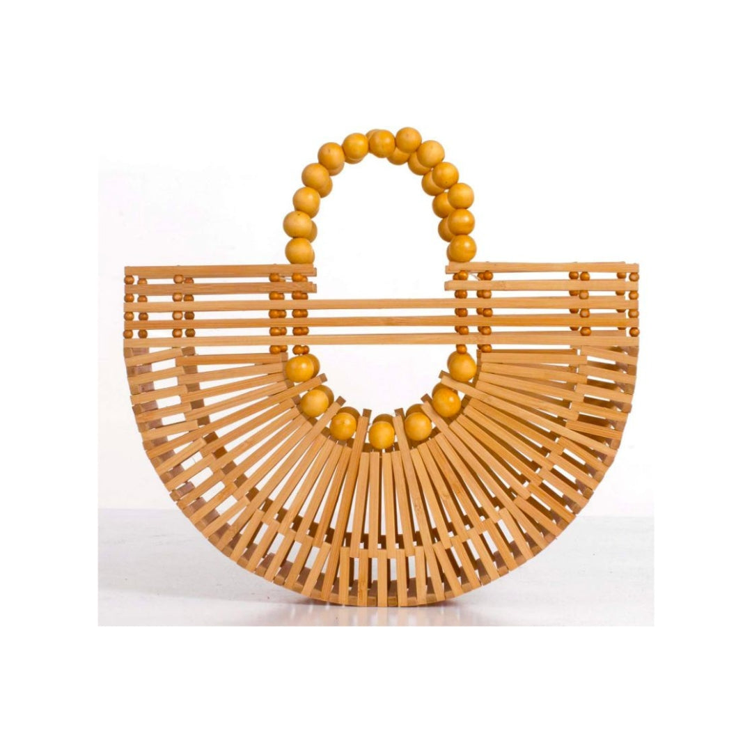 Bolso tote de bambú hecho a mano con cuentas de madera, ideal para la playa, fiestas y viajes en verano
