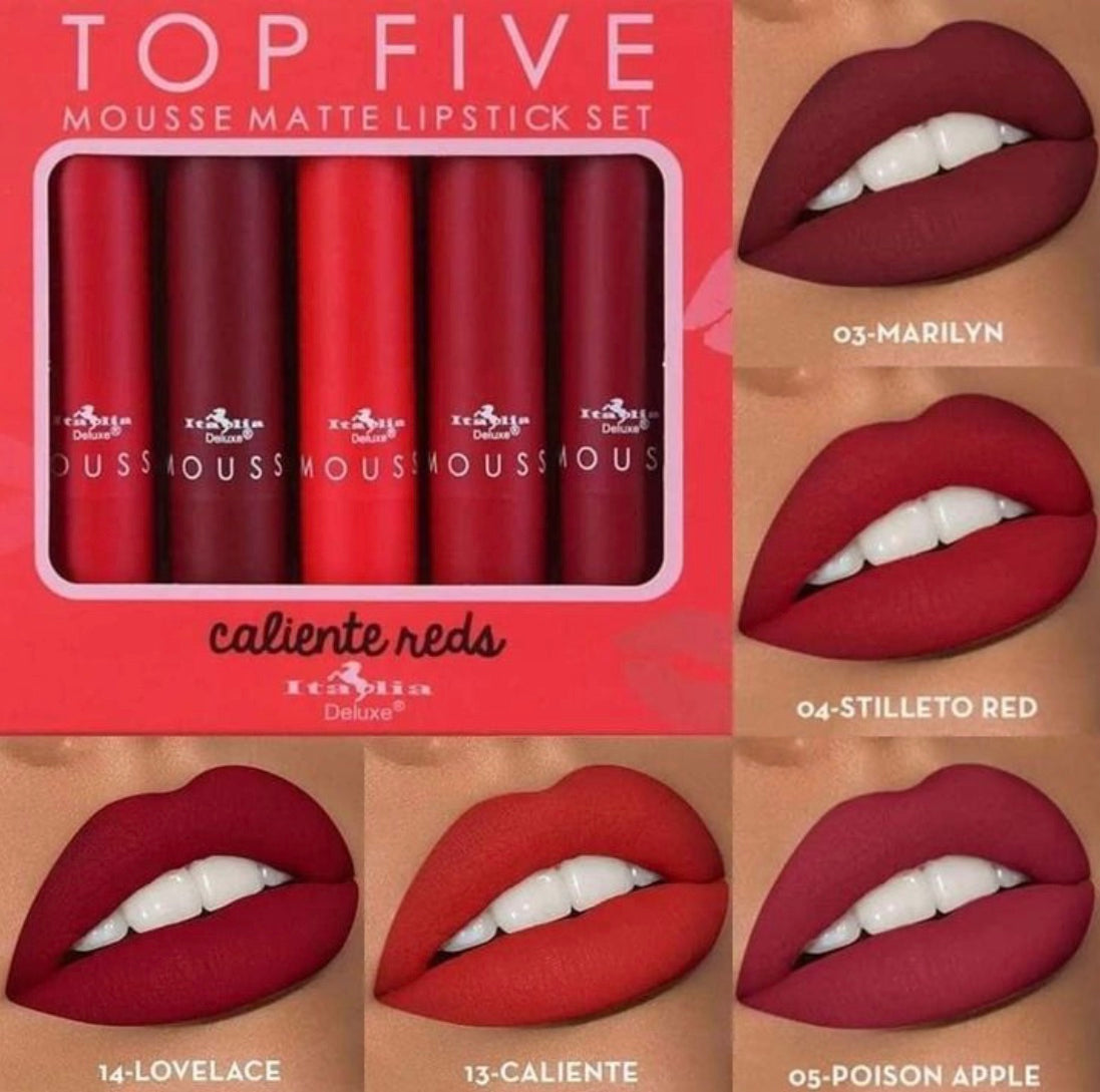 Set de 5 labiales CALIENTE REDS, marca Italia Deluxe