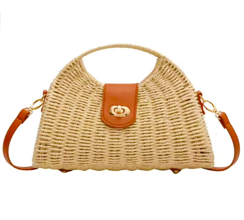 Bolso de paja tejido con bandolera de mimbre, estilo de lujo, ideal para vacaciones y playa.