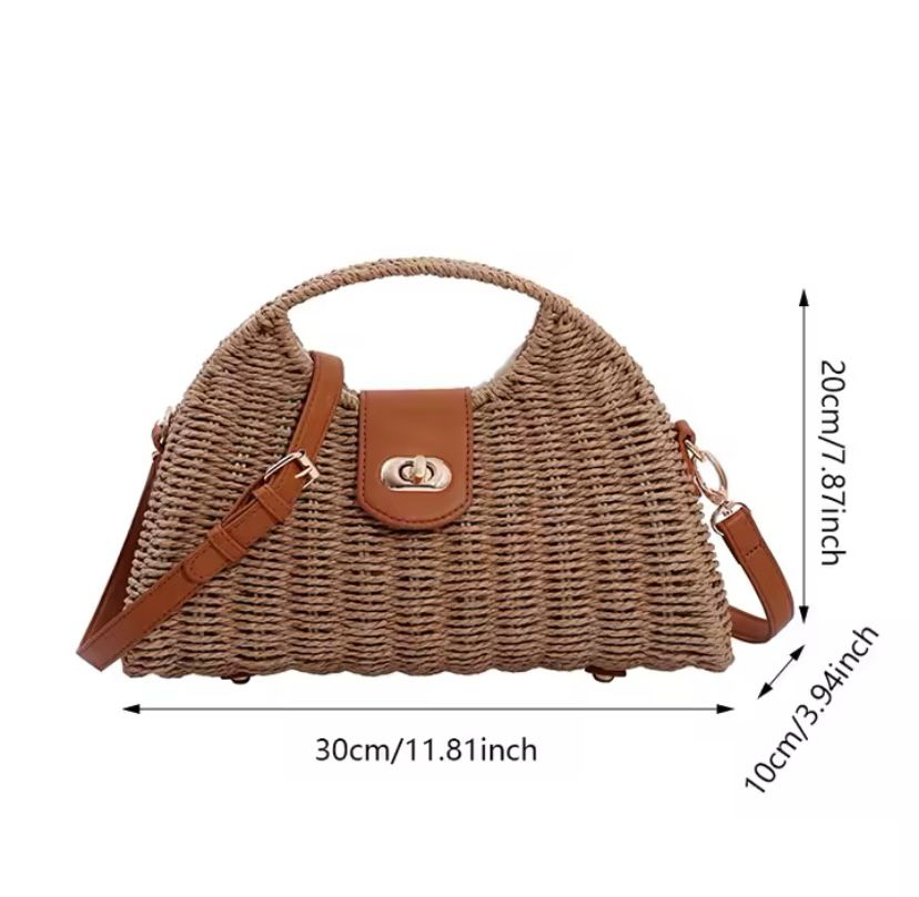Bolso de paja tejido con bandolera de mimbre, estilo de lujo, ideal para vacaciones y playa.