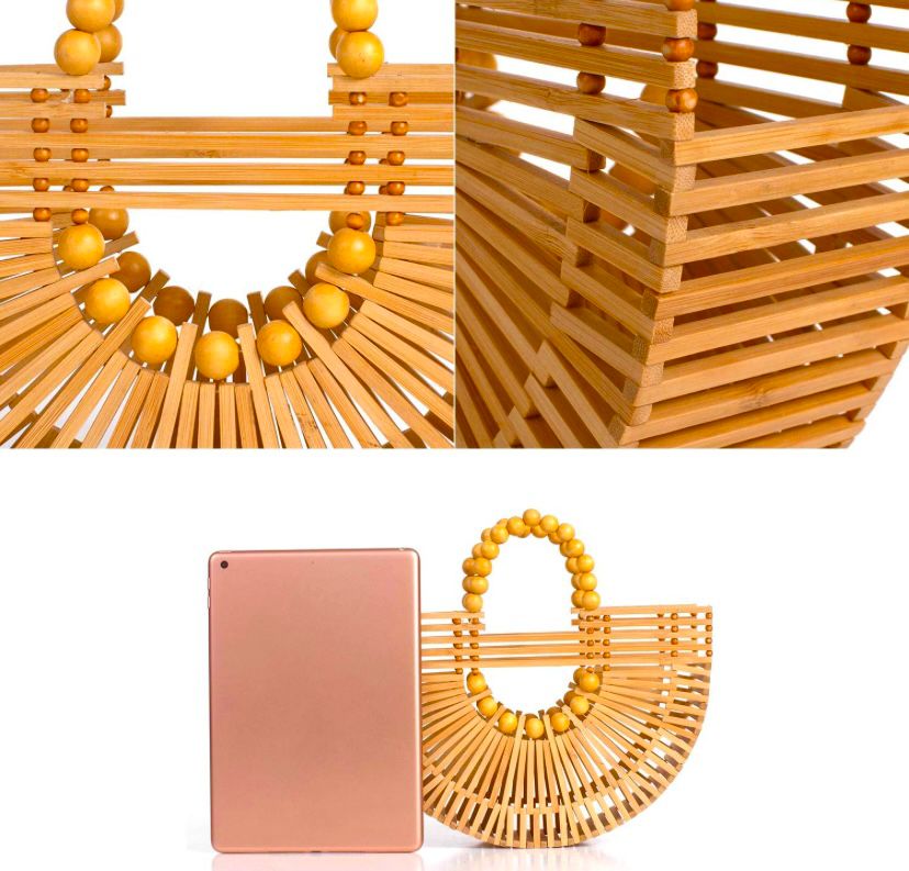 Bolso tote de bambú hecho a mano con cuentas de madera, ideal para la playa, fiestas y viajes en verano