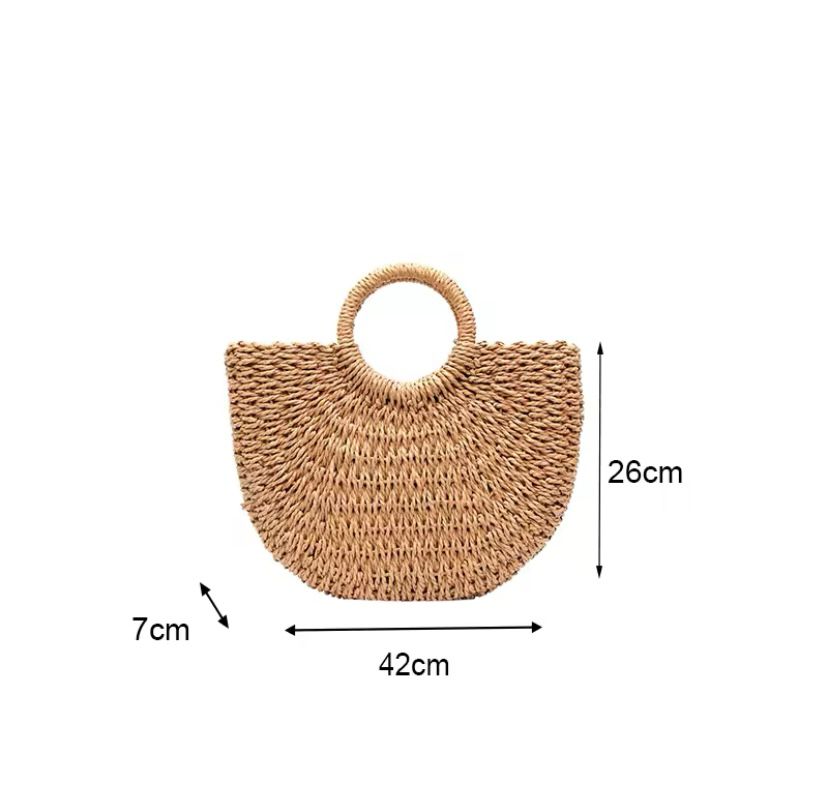 Bolso de paja de media luna, hecho a mano, con asa tejida y gran capacidad, ideal para playa.