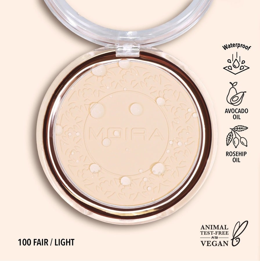Polvo compacto contra agua, marca MOIRA