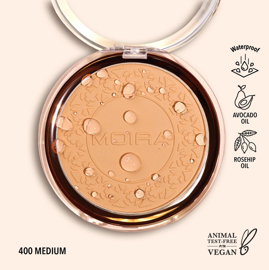 Polvo compacto contra agua, marca MOIRA