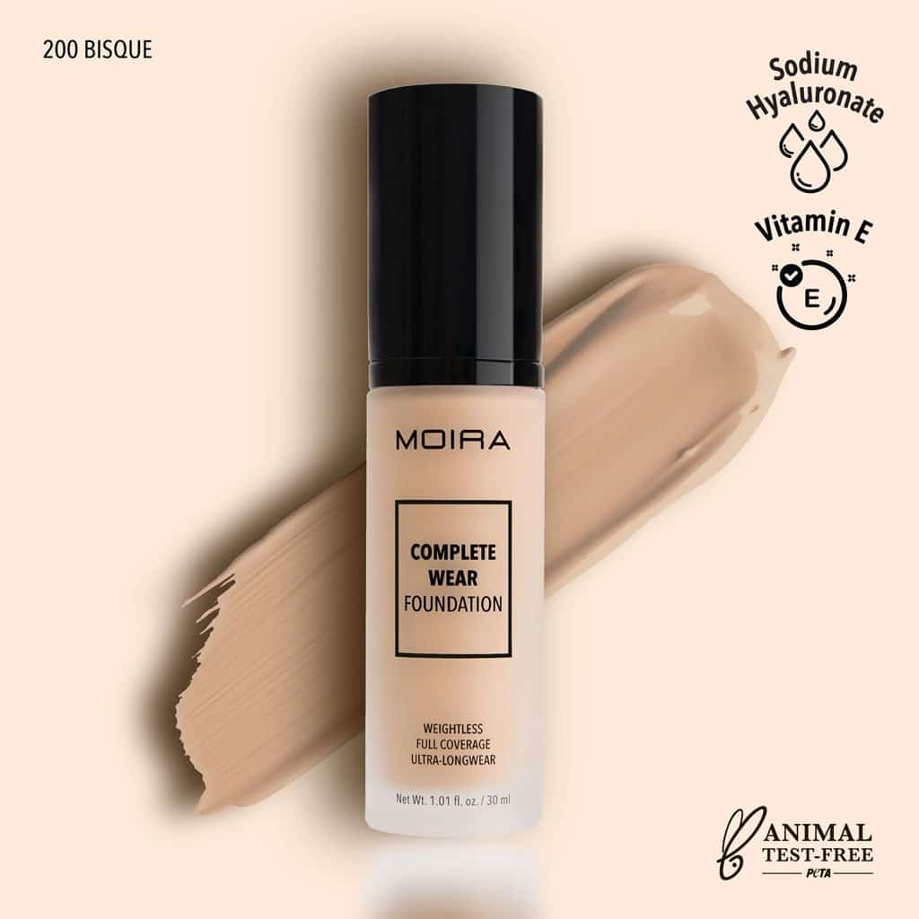 Base de maquillaje con cobertura alta, de larga duración, colección Complete Wear Foundation, marca MOIRA
